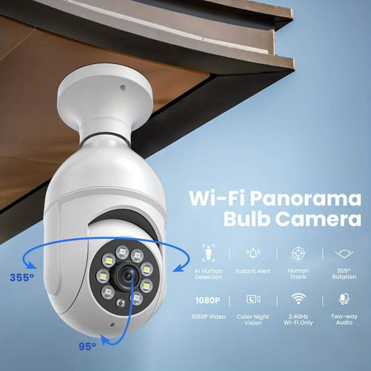 Light Bulb IP Camera With AI Human Detection And Human Track, 355 Degree Pan/Tilt Panoramic Smart Home Surveillance Camera